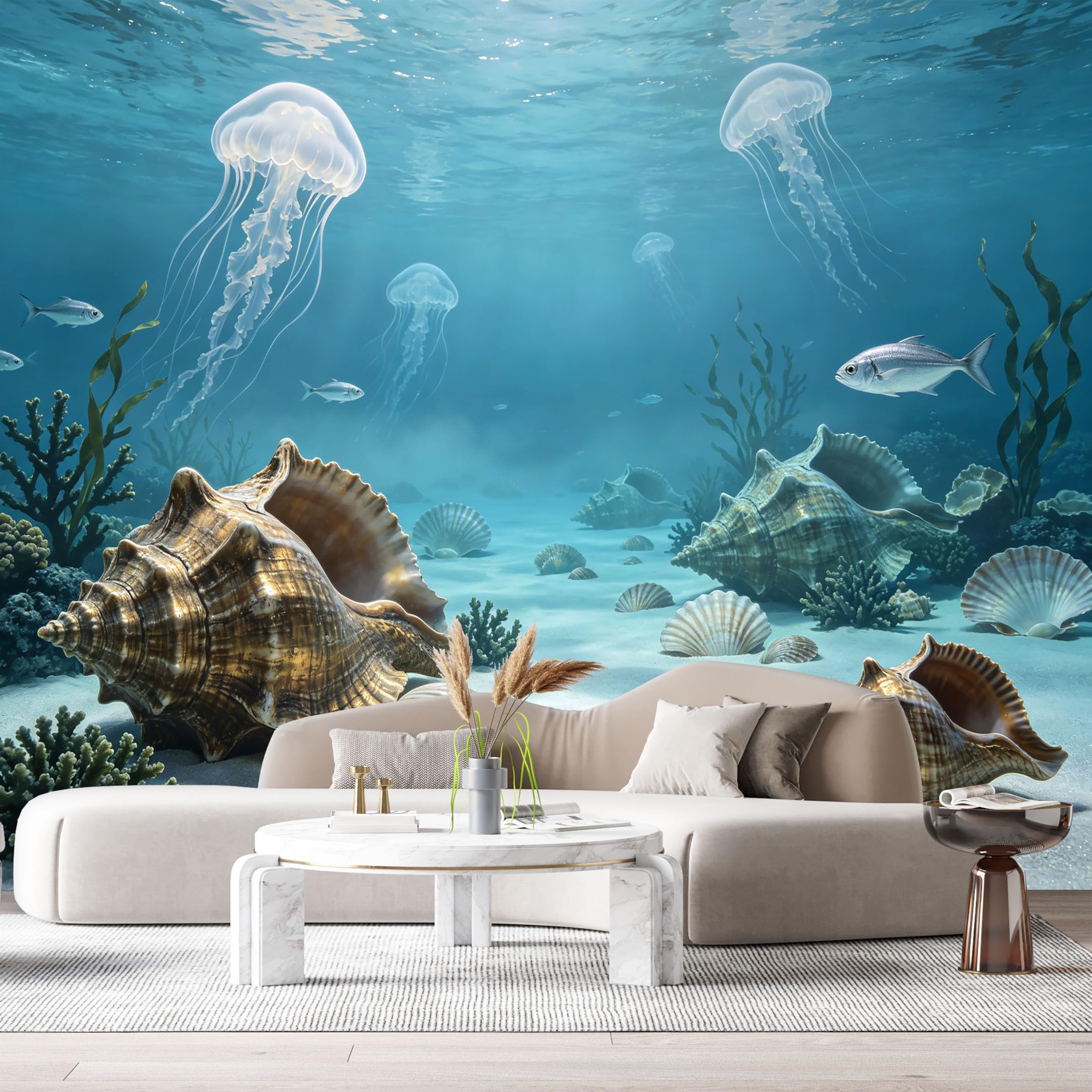 Custom Size Wall Murals Ocean Marine Jellyfish Seashells 3D Trompe L'Oeil SelfAdhesiveWall Fabric Removable Wallpaper Wall Decor for Living Room Bedroom Bathroom