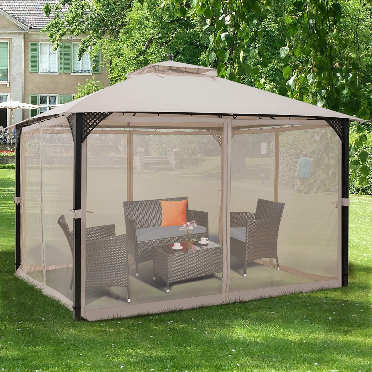 Tangkula 10x12 Ft Patio Gazebo with Netting, Outdoor Gazebo with Double Vented Roof, Mesh Sidewalls, Top Hook, Heavy Duty Steel Gazebo for Garden, Lawn, Deck, Backyard (Beige)