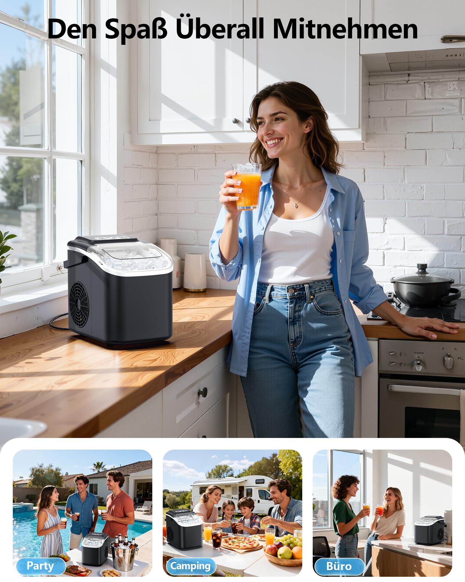 Eiswürfelmaschine Klein Ice Maker Machine: Tragbarer Eiswürfelbereiter, 12kg/24H, 8 Eiswürfel in 6 Min, 2 Eiswürfelgrößen,Mini Eiswürfelmaschinen mit Selbstreinigung für Zuhause/Küche/Camping/Party/RV