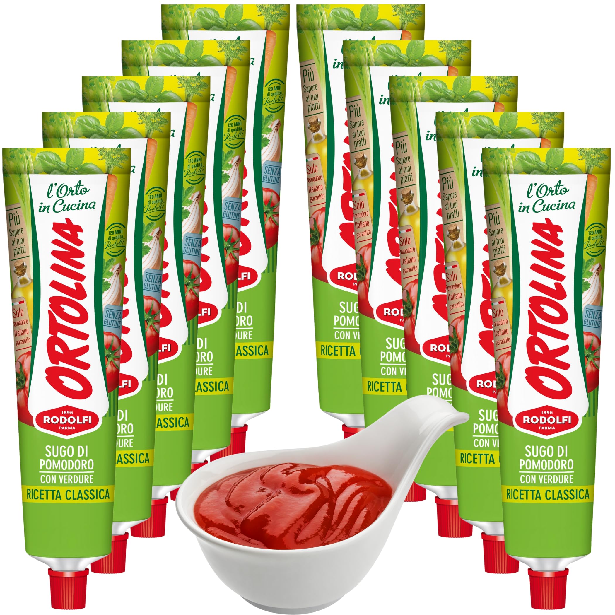 Tomato Paste Tube "Ortolina" Rodolfi Sauce, 130 gr (4.5 Oz) - Pack of 10, Authentic Italian Product with Fresh Tomatoes and Vegetables, Imported from Italy, Additive-free