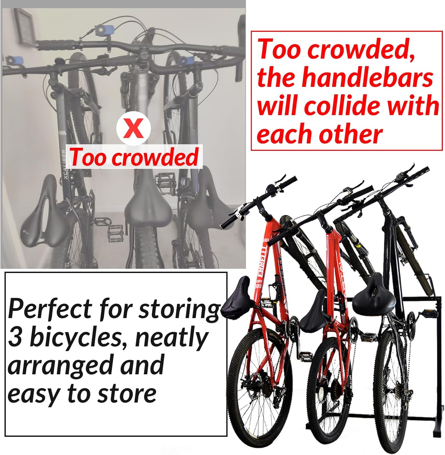 3 Bikes Stand Rack, Bikes Floor Stand for Garage, Indoor, Outdoor, Bicycle Parking Rack Fit 20”-29” Mountain Road and Kids Bikes, Max Tire Width 2.9” Easy to Install, Black