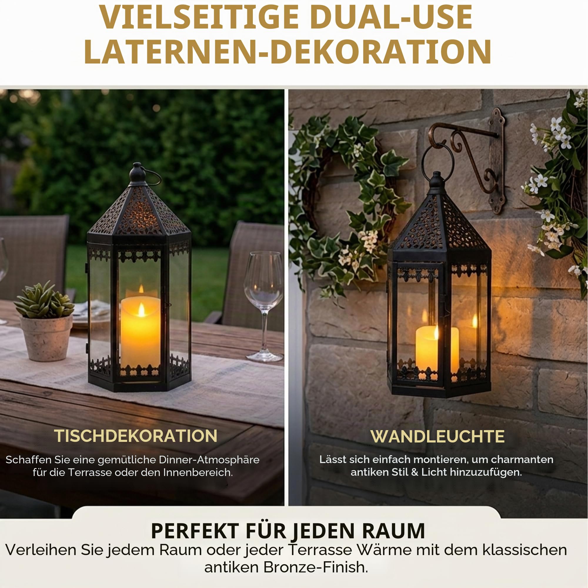 TRIROCKS 2er Set Dekorative Laternen 40/30 cm hohe Metall-Kerzenhalter Windlicht zum Aufhängen mit gehärtetem Glas für Innen Außenbereich Heimdekoration Garten Terrasse Partys Hochzeiten (Schwarz)