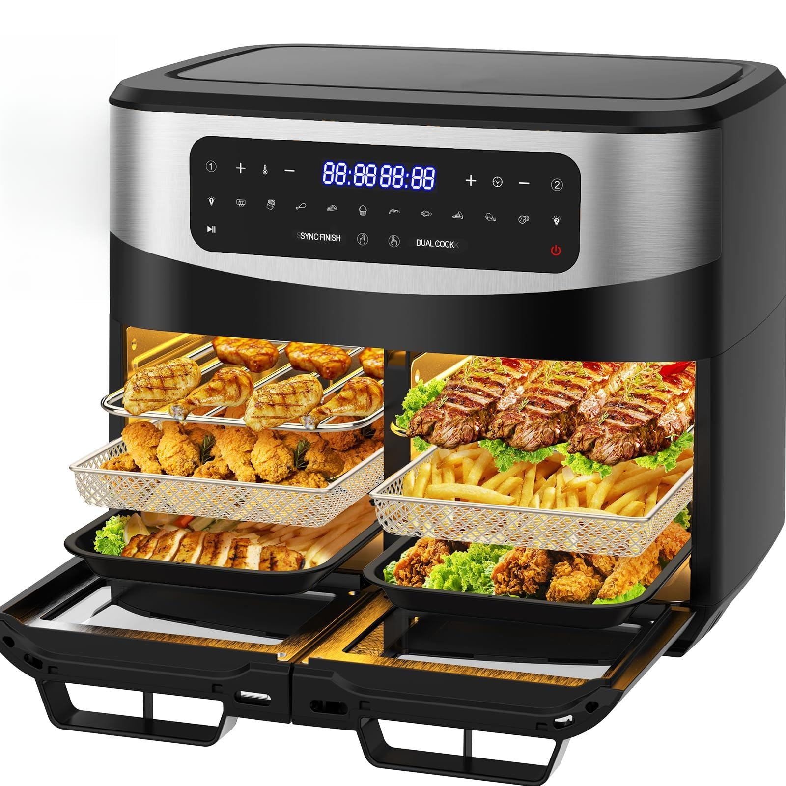 Air Fryer Dual Zone 12L - 2600W Friteuse à air chaud XXL avec séparateur amovible, double compartiment, 10 programmes, 2 fenêtres, 50–200°C, accessoires complets, recettes