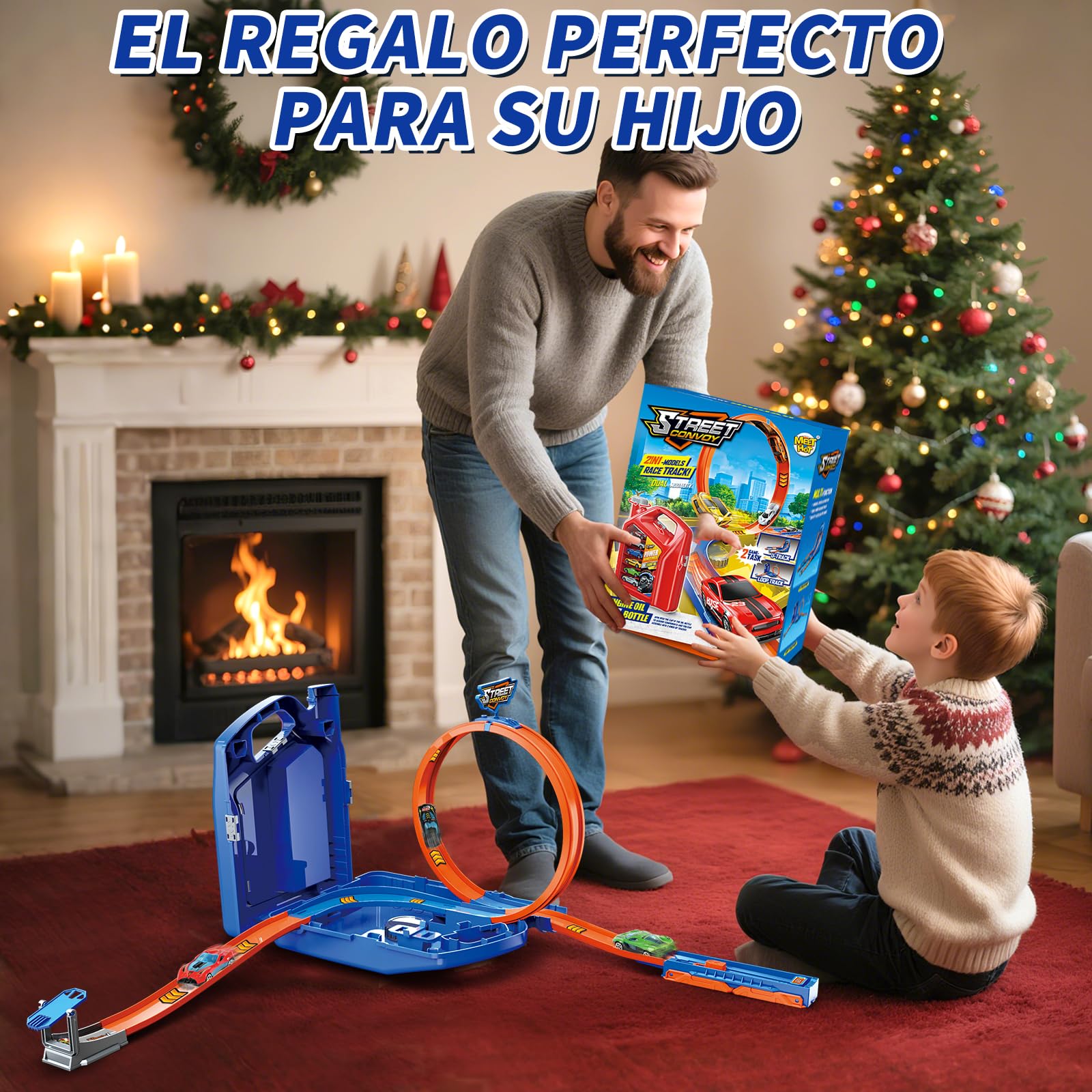 Charmofun Pista de Coches para Niños, 2 in 1 Pista de Coches con 6 Coches, Caja Almacenamiento, Pista de Carreras con Pista en Bucle y U, Juguete Pistas Portátil para Niños 3+ Años (Azul)