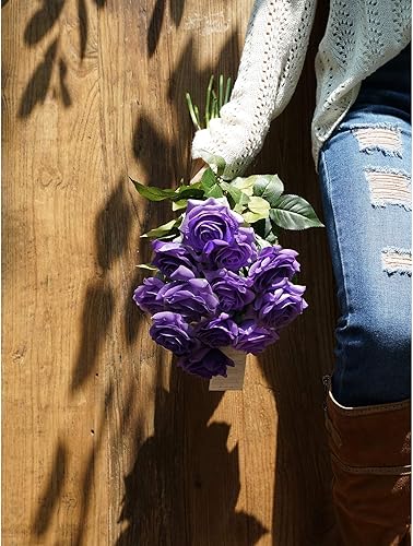 Miniatura 232 de FiveSeasonStuff 12 tallos de flores artificiales, rosas de seda de tacto real para decoración de bodas, ramos de novia, centros de mesa, fiestas y 9