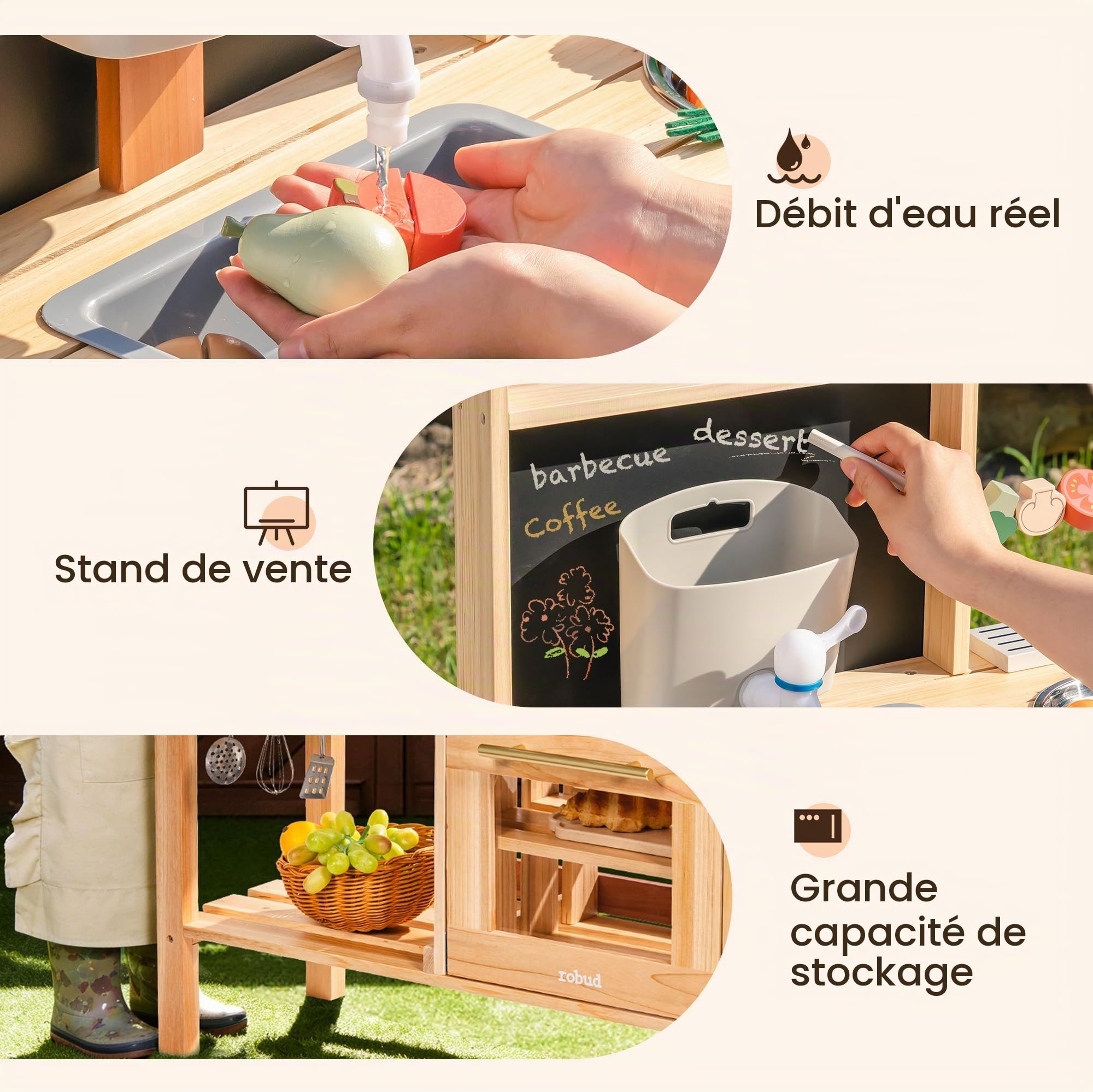 ROBUD Cuisine en Bois pour Enfants, Cuisine d'extérieur avec véritable évier, cafetière, Barbecue, Four et Tableau Noir, Jouet de Cuisine pour Jeux de rôle avec Accessoires, pour garçons et Filles 3+