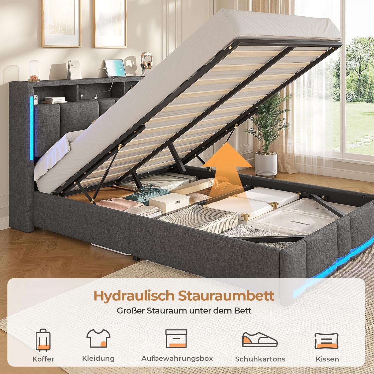 AOGLLATI Letto Matrimoniale Contenitore 140x190 cm con Sollevamento Idraulico, Letto Imbottito con Illuminazione a LED e Stazione di Ricarica, Struttura Letto con Testiera Imbottita, Grigio Scuro