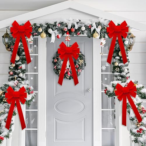 Miniatura 5 de 12 lazos grandes de terciopelo rojo de Navidad de 21 x 9 pulgadas, lazos decorativos de Navidad para decoración de árbol de Navidad para decoración