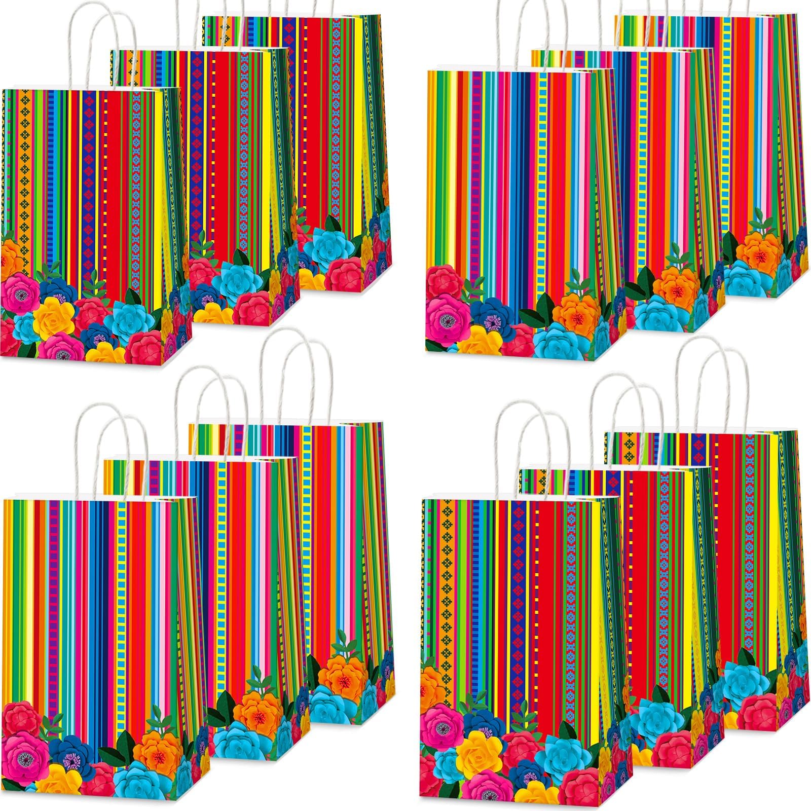 12pcs Mexican Fiesta Party Favor Bags Mexican Treat Bags Fifth De Mayo Candy Bag Floral Stripes Gift Goodie Bag for Flowers Birthday Party Taco