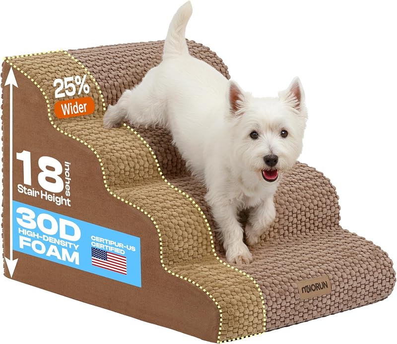 Miorun Extra Wide Dog Stairs for Bed and Couch, 4-Step Foam Ramp for Dogs | CertiPUR-US,20"W high-density foam,18"H stable steps for pets up to 60 lb,small-medium dogs,senior cats,washable cover