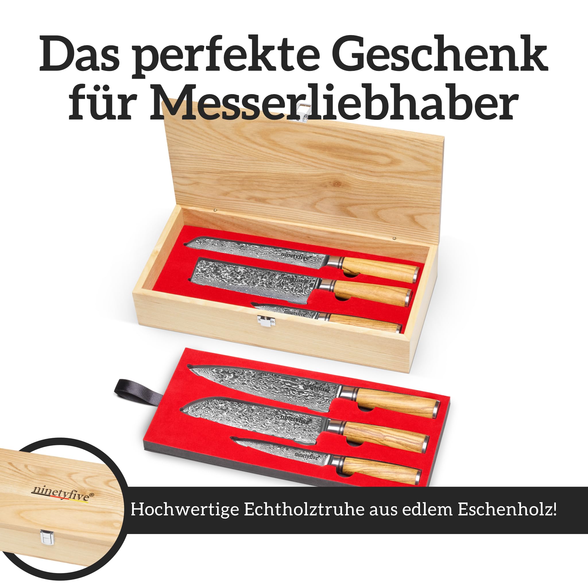 ninetyfive® hochwertiges 6 teiliges Damastmesser Set mit edler Geschenkbox aus Holz | extrem scharfe Küchenmesser mit Echtholzgriff | Küchenmesser Damast | Messerset | Messer damast
