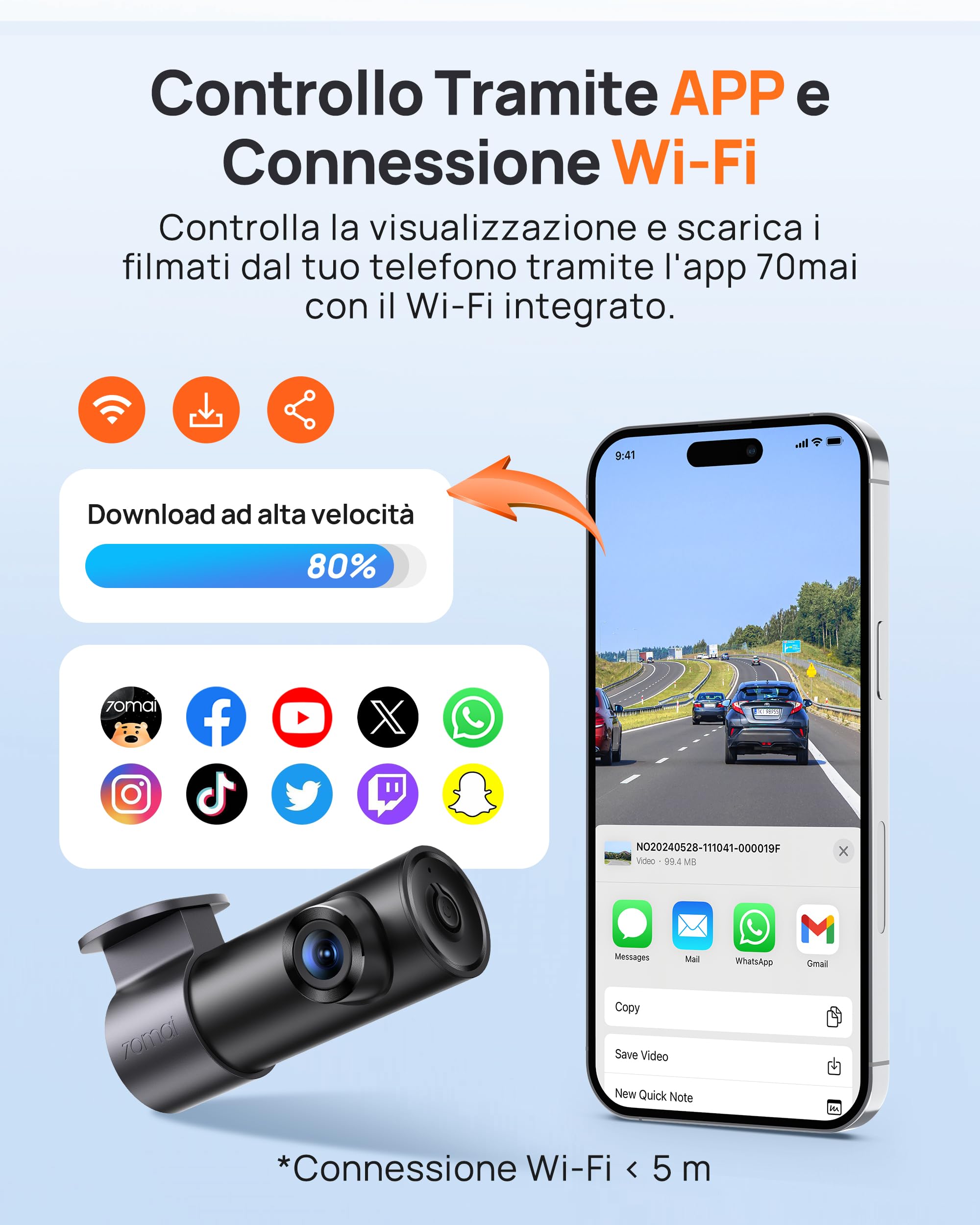 70mai Dash Cam M310 Plus 3K, 1620P Dashcam Auto, WiFi, Visione Notturna, Registrazione Time-lapse, WDR, Registrazione in Loop, Modalità Parcheggio, WiFi, APP, Max 256 GB