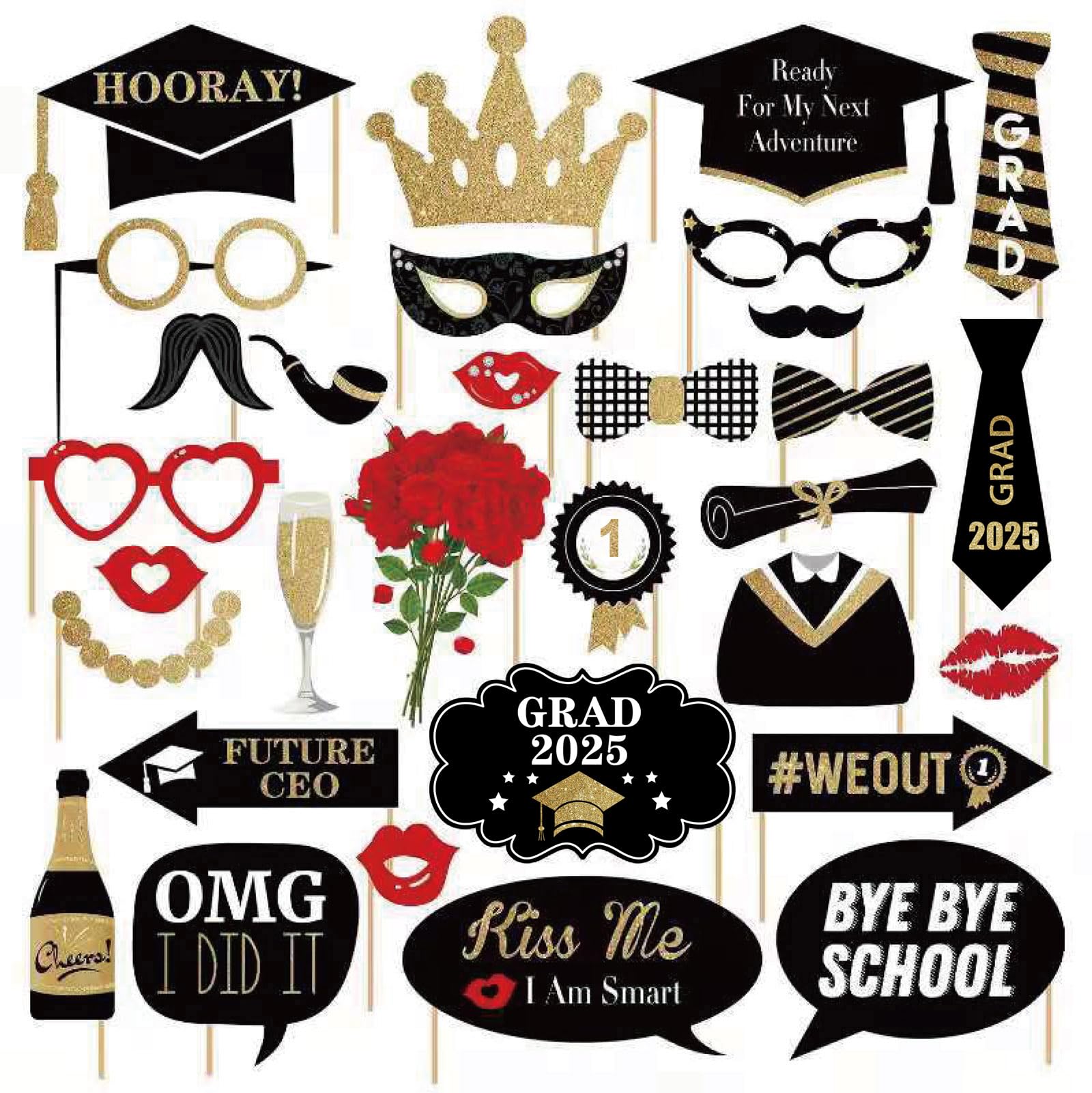 Swsatyw Multicolor 31Pcs Black Class Of 2025 Graduation Grad 2025 Party Supplies Photo Booth Props Decorations