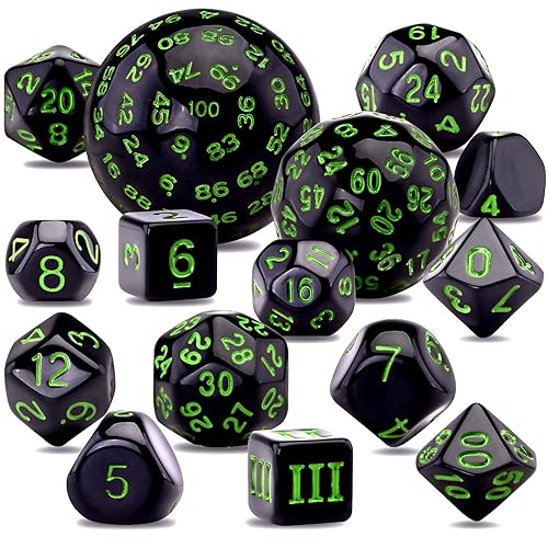 SIQUK 15 Pieces Complete Polyhedral Dice Set D3-D100 Game Dice Set with a Leather Drawstring Storage Bag for Role Playing Table Games, Black and Green - Black & Green