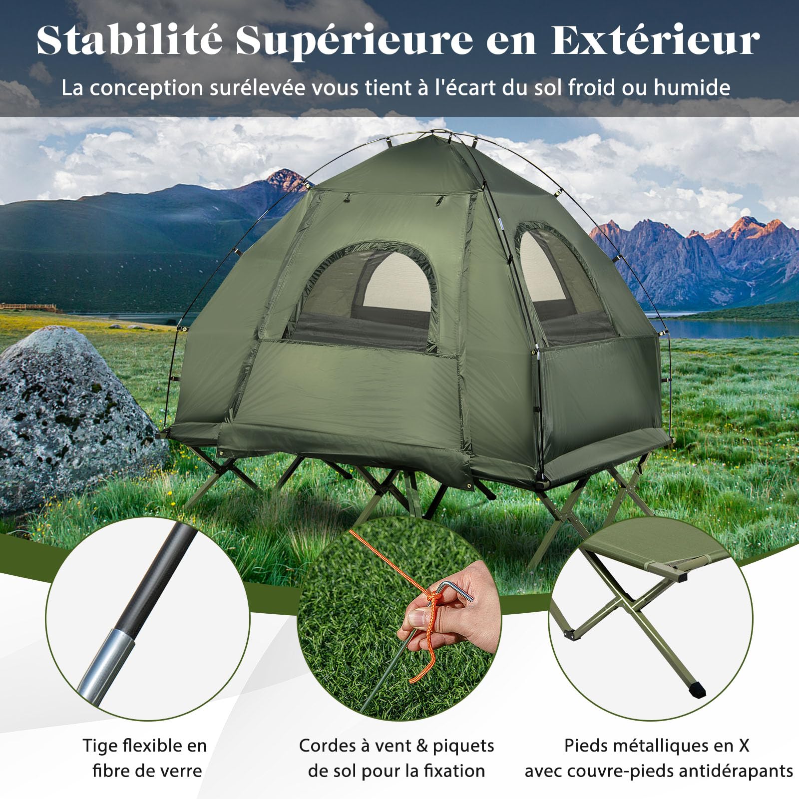 GYMAX Tente avec Lit de Camping pour 1/2 Personnes, Bâche Anti-Pluie Supplémentaire, pour Randonnée, Pique-Nique, Pêche