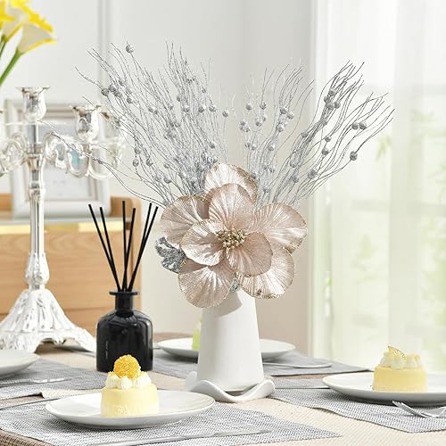 Miniatura 3 de Juego de 10 palitos de flores artificiales de Navidad grandes con purpurina para decoración del árbol de Navidad, guirnalda de corona de Año Nuevo