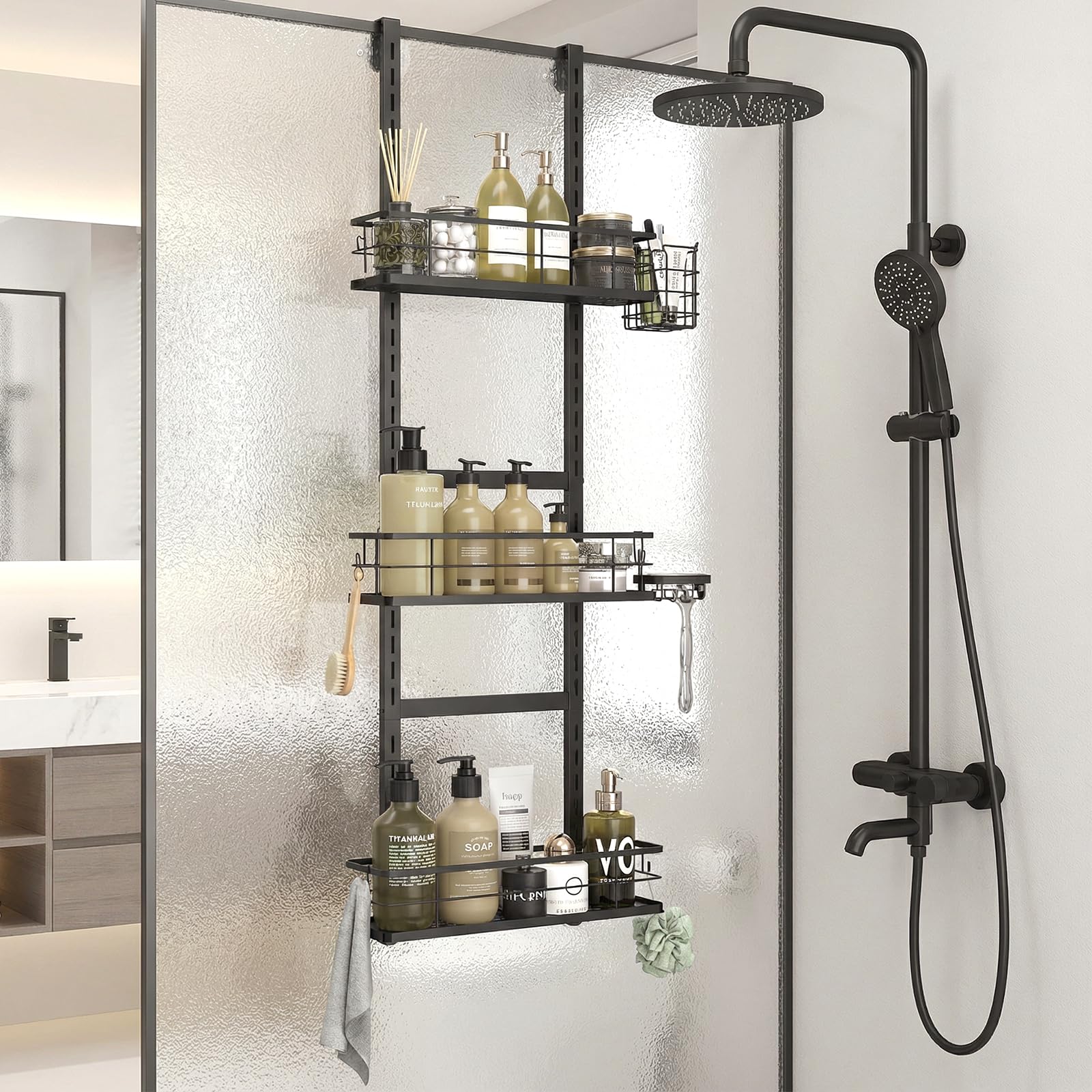Organizador de ducha colgante ajustable con 14 ganchos y 2 soportes, estante de ducha resistente al óxido, almacenamiento de baño con ventosas para champú, jabón y maquinilla de afeitar, 3