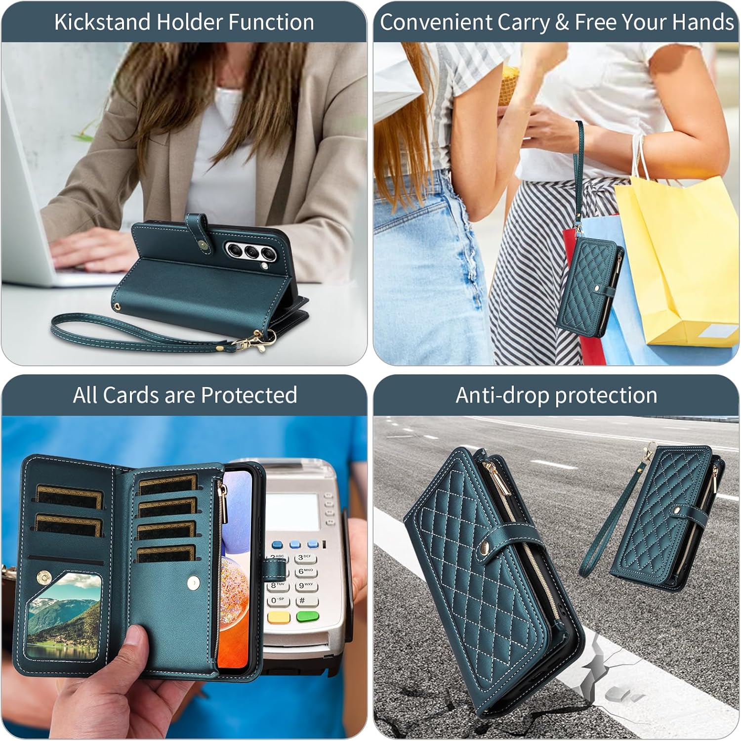 Wallet Case for Samsung Galaxy A15 5G/4G with Wrist Strap Flip Zipper Credit Card Holder Soft Stand Accessories Argyle Pattern Cell Phone Cover for A 15 G5 15A Women Girls Green