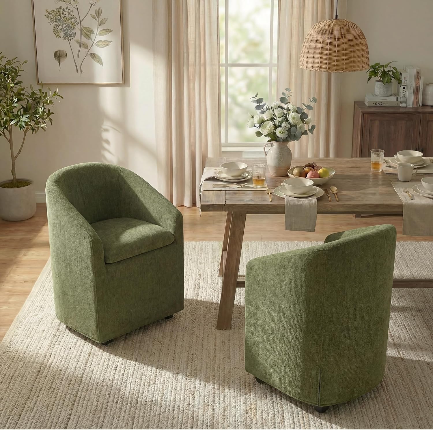 KISLOT Upholstered Dining Chairs with Casters, Washable Cover Modern Dining Room Chairs with Barrel Backrest & Dual Armrest for Kitchen, Living Room, Bedroom, Green Fabric, 4PCS