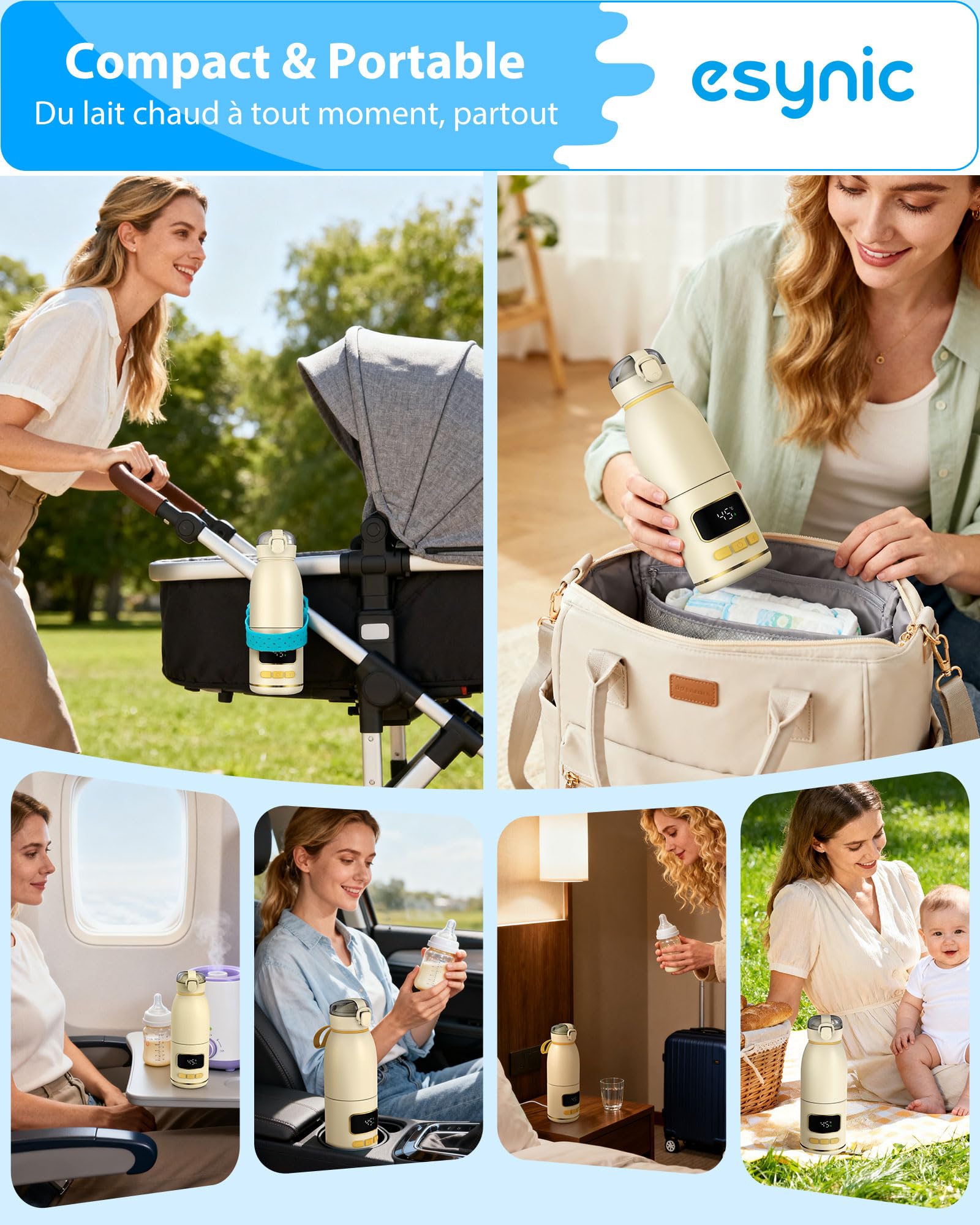 eSynic Chauffe Biberon Portable sans Fil Capacité 450ml pour Lait Materne ou Préparation pour Nourrissons ou Eau Batterie 15000mAh Chauffe Rapide Température Précise Tasse Amovible pour Voyage Sortie