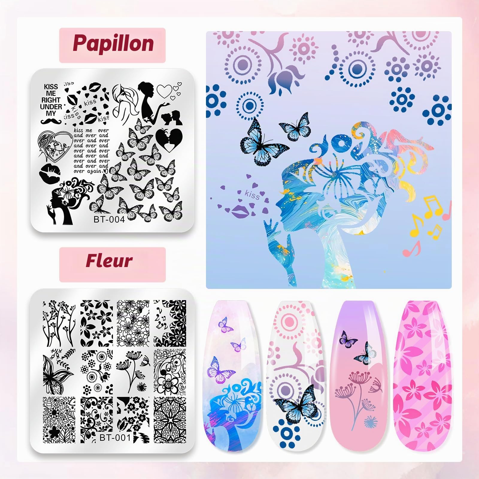 Biutee Set de Stamping Nail Art Kit d'estampage d'ongles 15 pièces modèles d'art d'ongle avec motifs d'animaux, de feuilles et de fleurs 1 Tampon 2 Grattoir 1 Paquet de Cartes