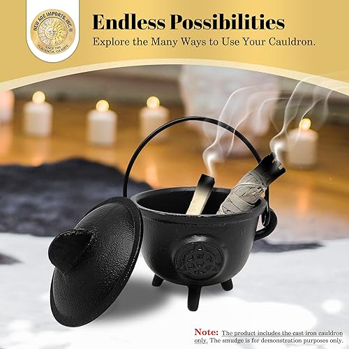 Miniatura 9 de New Age Imports, Inc. Caldero de hierro fundido con asa y tapa, ideal para manchas, quemar incienso, fines rituales, decoración, decoración de