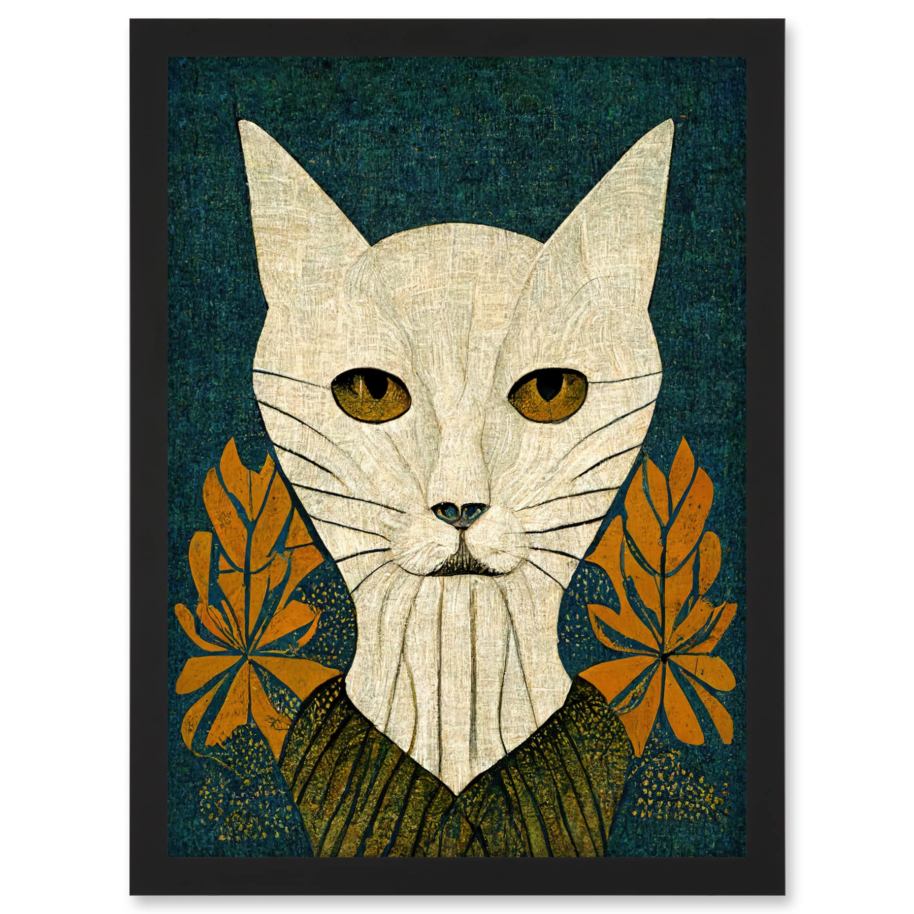 Doppelganger33 LTD Elegant Cat Illustration William Morris Style Teal Mustard Artwork Framed A3 Wall Art Print
