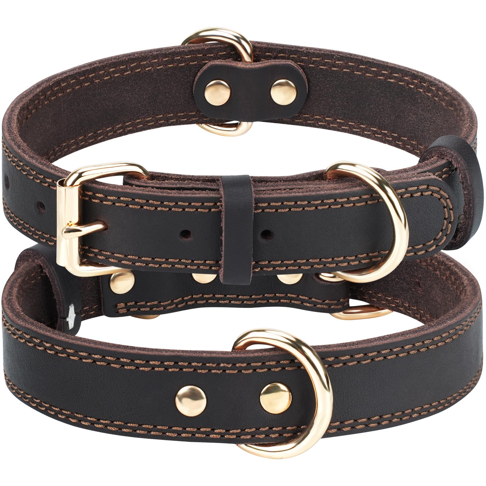 Joytale Genuine Leather Dog Collar with Metal Buckle, Heavy Duty Soft and Durable Leather Collars, Adjustable for Large Dogs, Brown, L