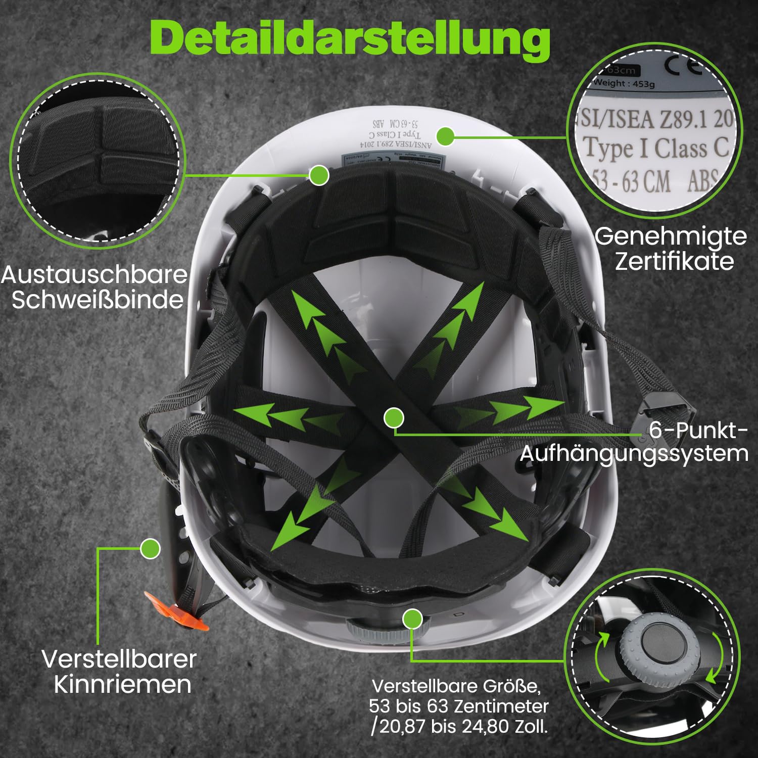 GREEN DEVIL Mervex Vent Set - EN397 zertifizierter Arbeitshelm für BAU & Industrie, 6-Punkt Aufhängung + Helmleuchte mit Bewegungssensor