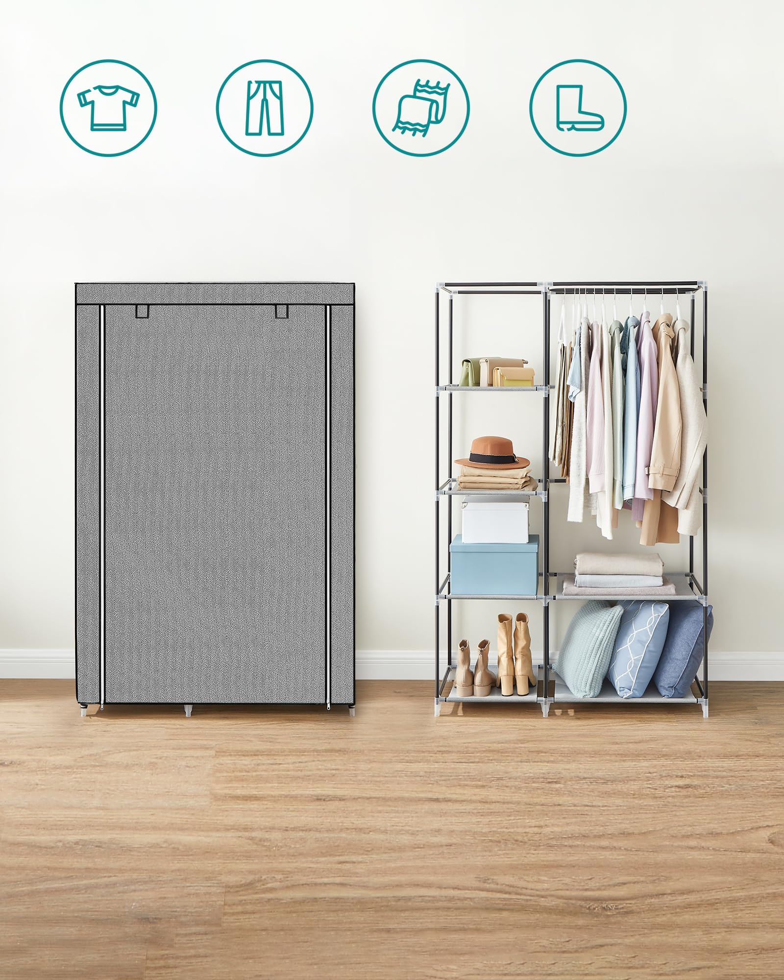 SONGMICS Armario de Tela, Armario de Ropa, con 1 Barra Colgante, 6 Estantes, Tela no Tejida, Marco de Metal, 45 x 105 x 168 cm, para Dormitorio, Pasillo, Gris con Diseño de Espiga RYG085G22
