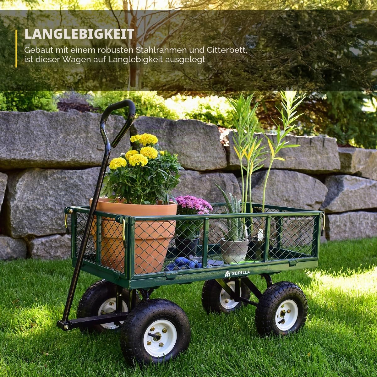 Gorilla Carts Gartenwagen aus Stahl mit abnehmbaren Seiten mit Einer Kapazität von 180 kg, Grün