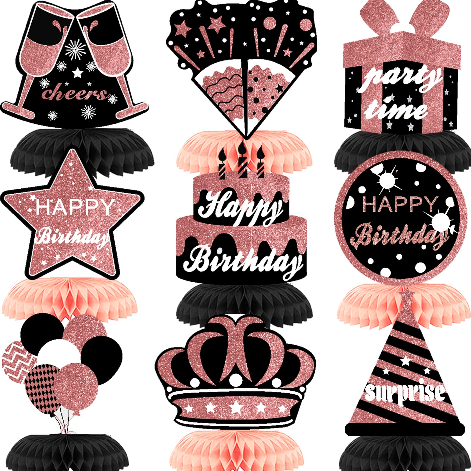 WINPOGEE 9PCS Rose Gold Black Happy Birthday Decorations Honeycomb Centerpieces for Women MenHappy Birthday Table Centerpieces Party Supplies Birthday