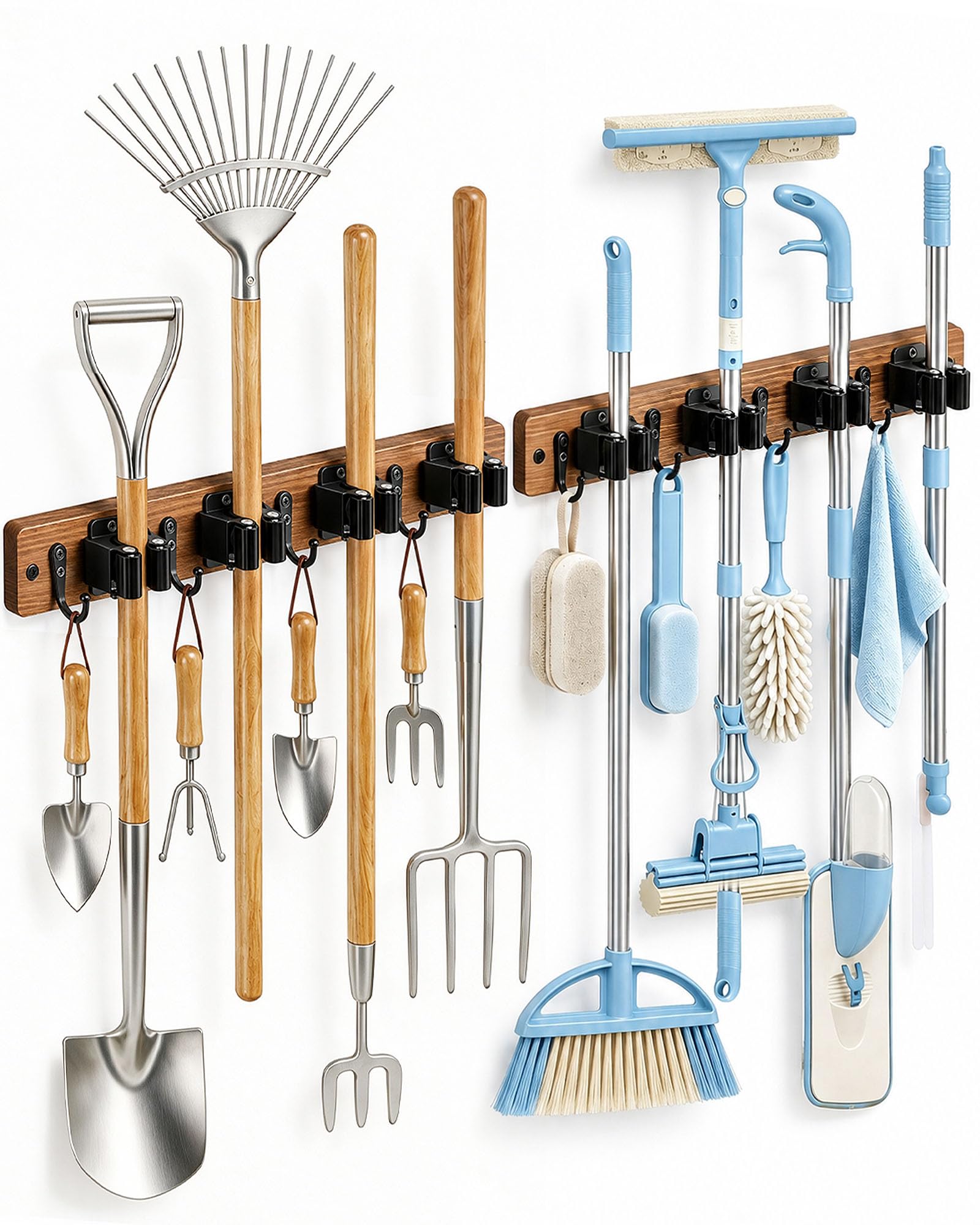 BS-VOG 2 Pack Broom Holder Wall Mount, Wooden Rack with 4 Slots & 4 Hooks