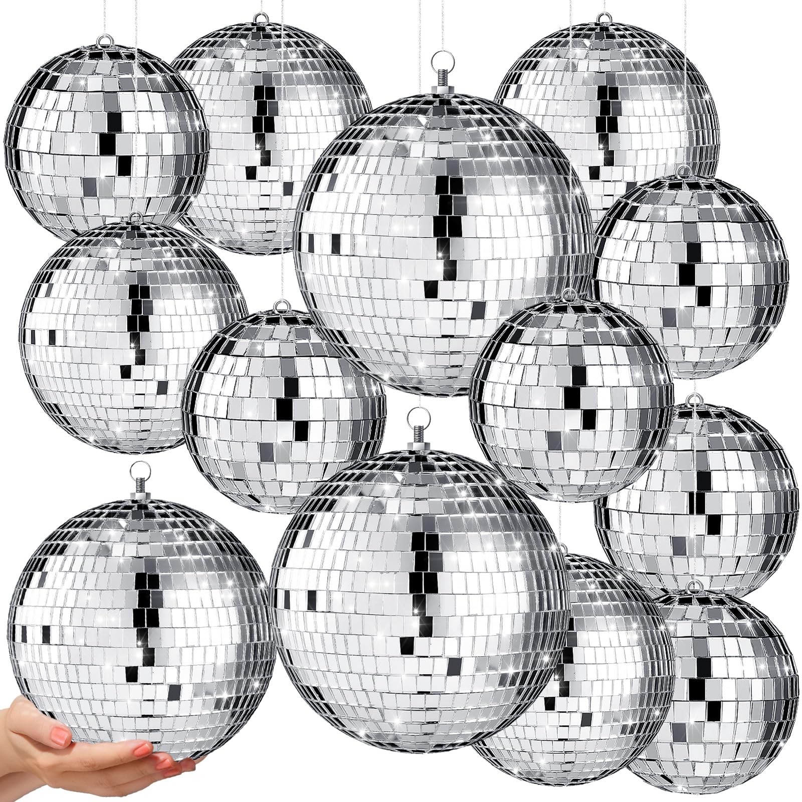 Libima 12 Pcs Christmas Disco Ball Hanging Decoration Mirror Disco Balls Ornaments Silver Disco Ball 70s Disco Themed Party Decoration for Dance Music Stage Bar Party Supplies (8'', 6'', 4'')