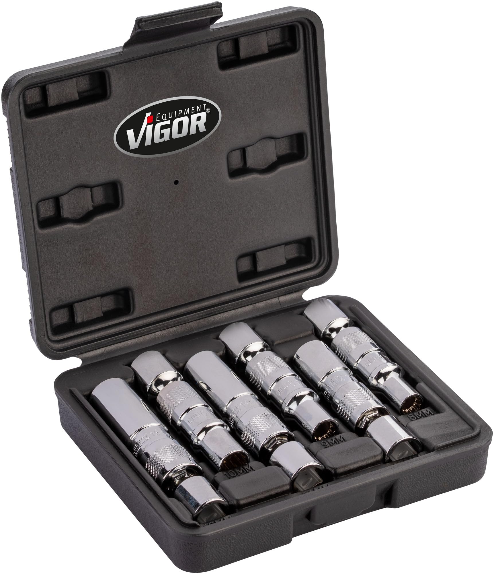 VIGOR V7016/6 Zestaw do Wyciągania Świec Żarowych, 6-Częściowy, Kwadrat 3/8 Cala, 8,9,10,12,14,16 mm, Podwójny Sześciokąt Zewnętrzny, Uchwyt Magnetyczny, Przegubowy Klucz Nasadowy do Ciasnych Miejsc