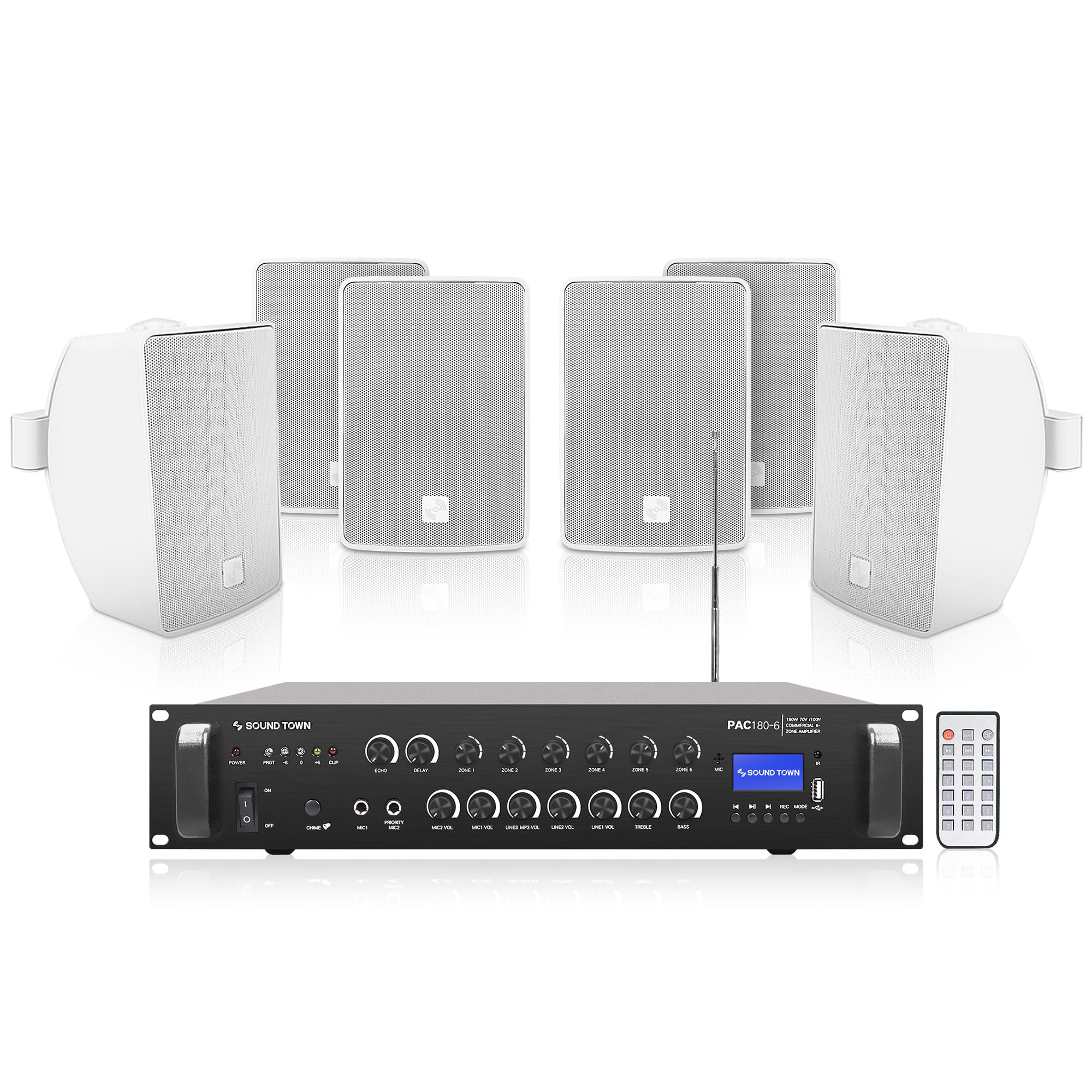 Sound Town Commercial Restaurant Bluetooth Amplifier + Surface-Mount Speaker Set, with One 6-Zone 70V/100V Amplifier with Bluetooth, 6 x 4.5-Inch Surface-Mount Speakers, White (PAC180X6TV4W)