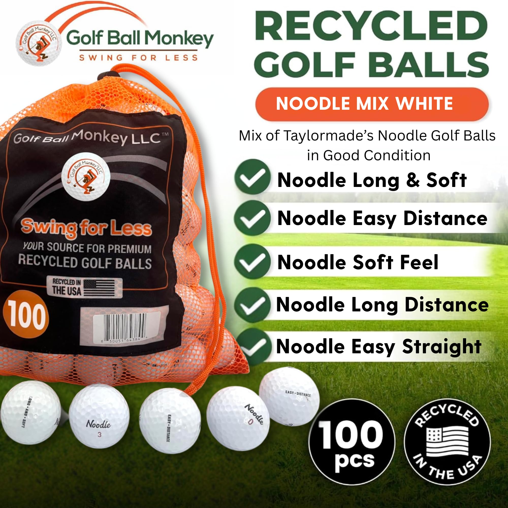 Golf Ball Monkey Cheap Used Noodle Golf Balls Mix 100 Pack - Good/Near Mint Condition Noodle Recycled Golf Balls for Men and Women