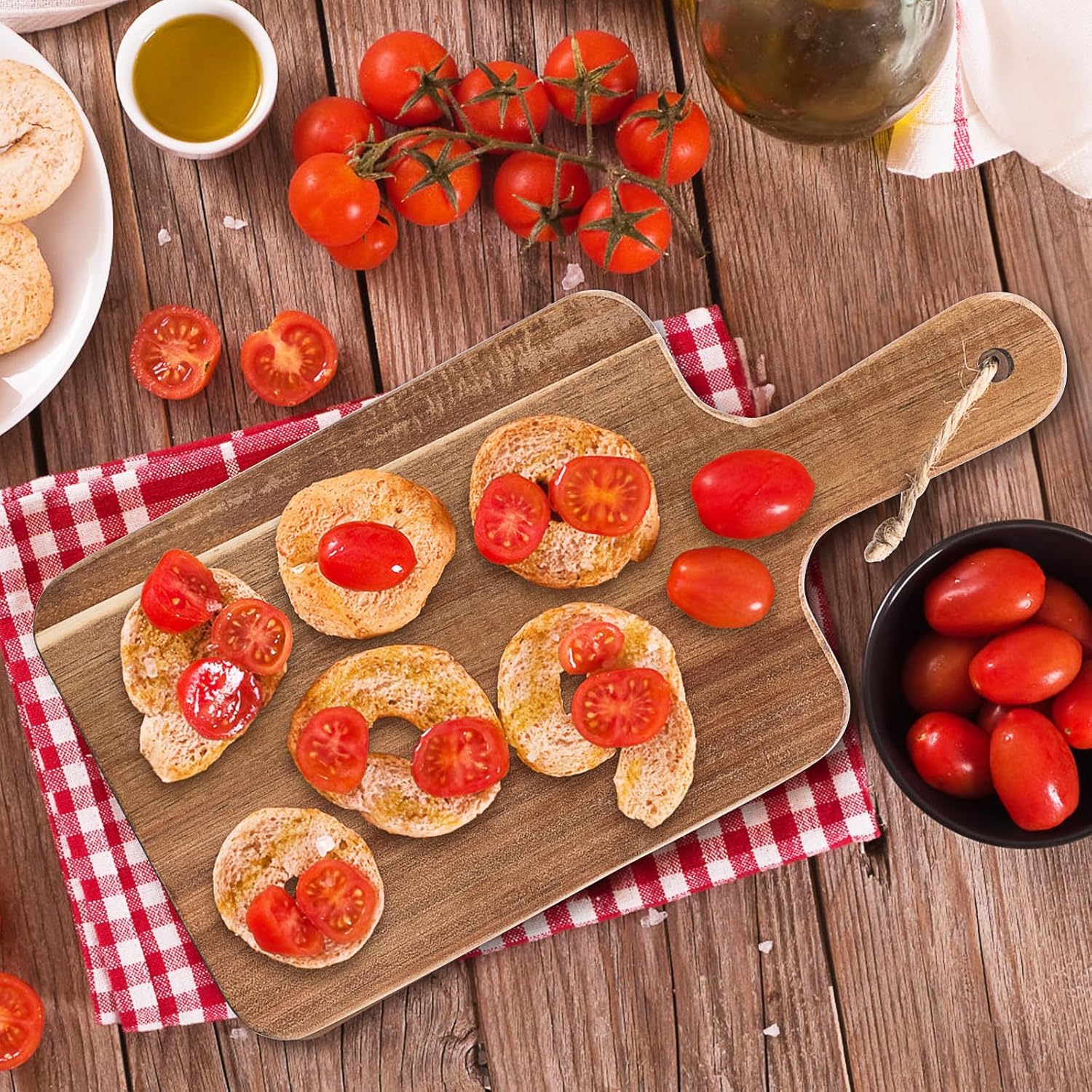 Lot de 10 planches à découper en bois d'acacia avec poignée, planche à charcuterie, planche de service pour viande, fruits, pain, fromage, planche à découper – 30 x 15 cm