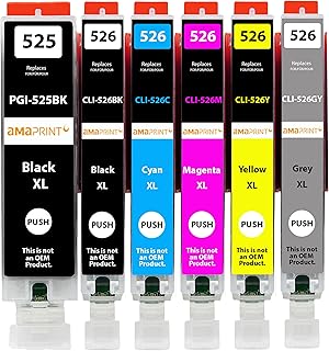 Amaprint 6 XL cartridges compatible with Canon PGI 525 CLI 526 for Pixma IP4850 IP4950 IX6550 MG5140 MG5150 MG5240 MG5250 MG5300 MG5340 MG5350 MX715 MX885 MX895