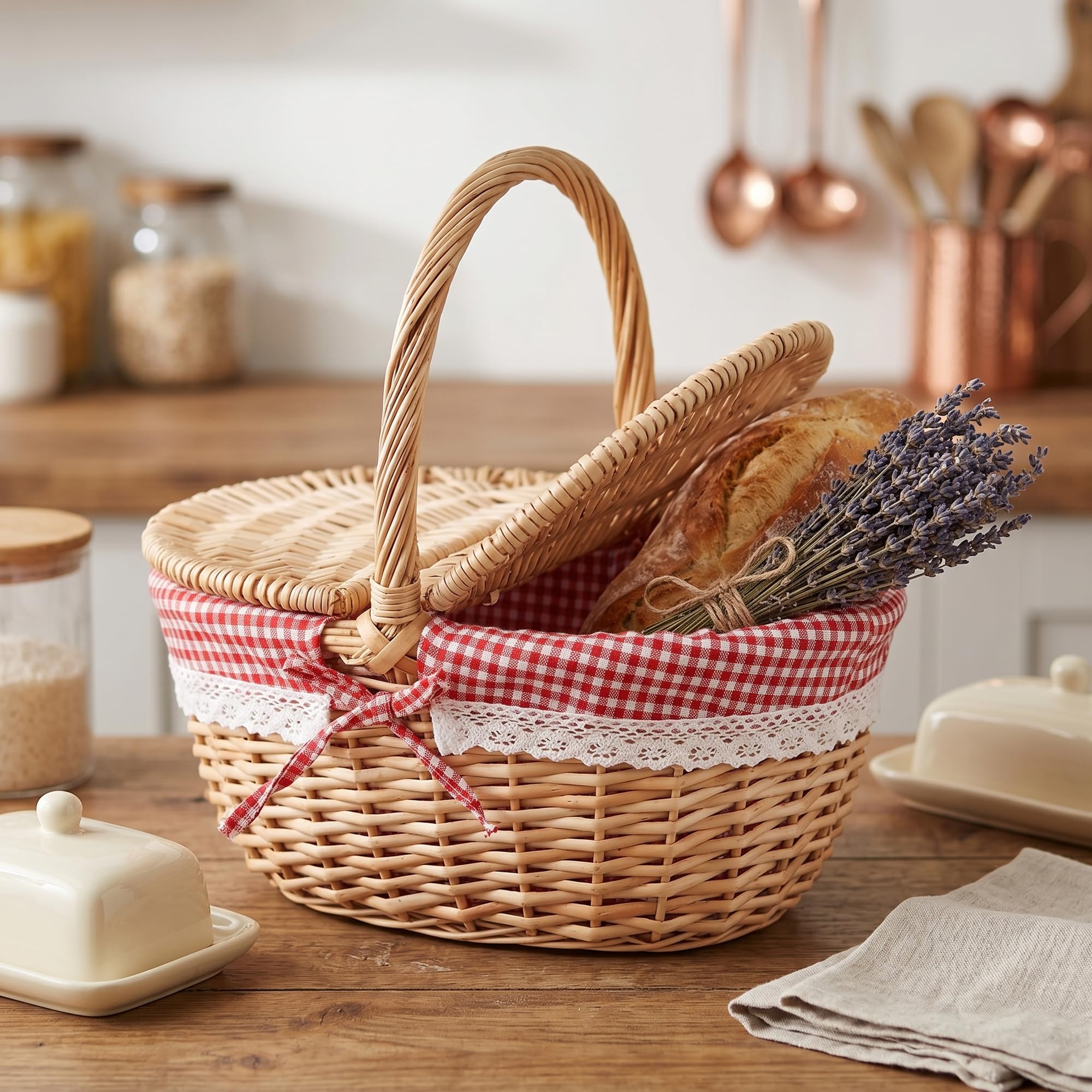 Picknickkorb mit Deckel, großer Weidenkorb mit henkel und Liner,34x23x17cm