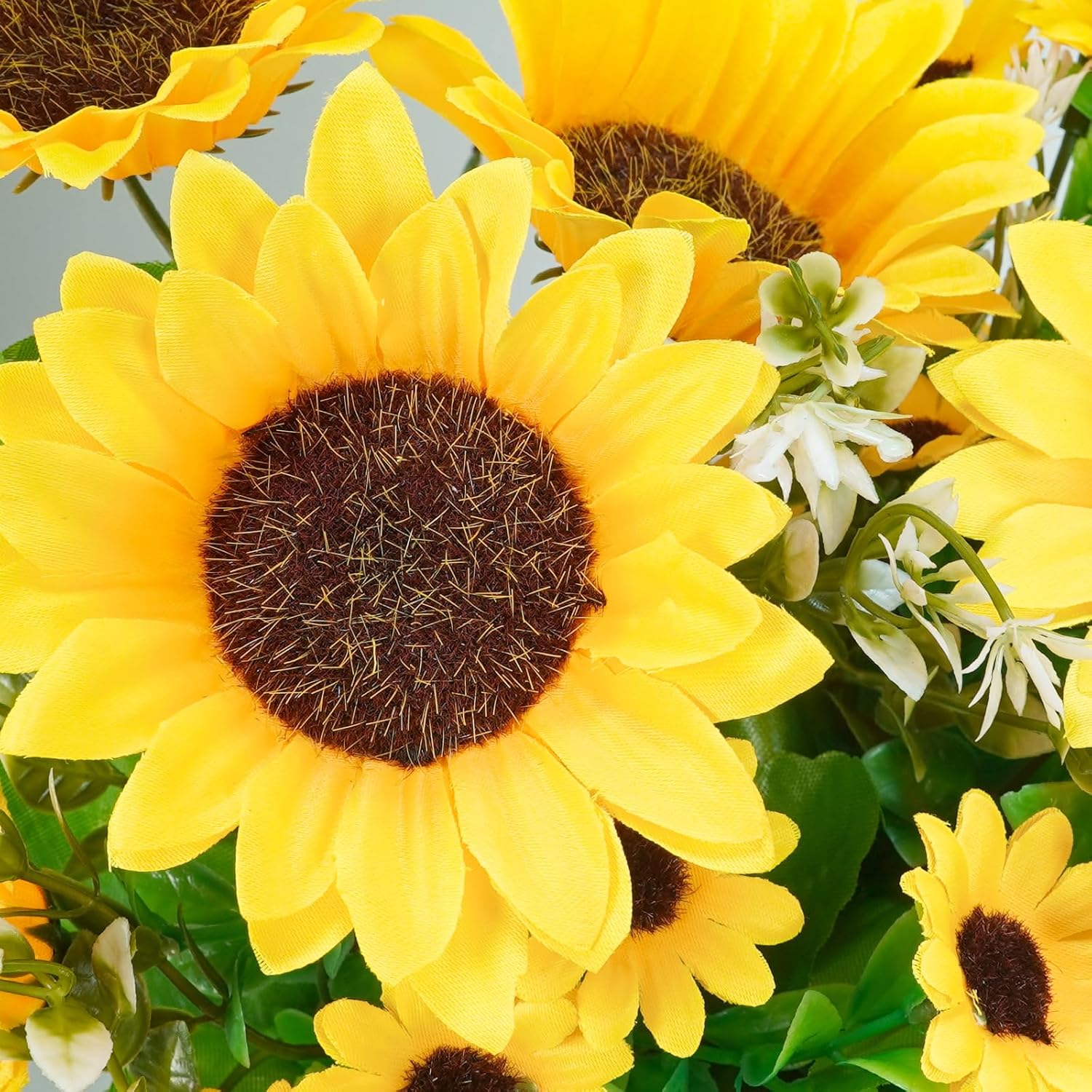 Winlyn Set of 3 Artificial Sunflowers Metal Pot Centerpiece Farmhouse Sunflowers Floral Arrangements with Rectangle Wooden Planter 11" for Rustic Wedding Spring Summer Home Kitchen Table Shelf Décor