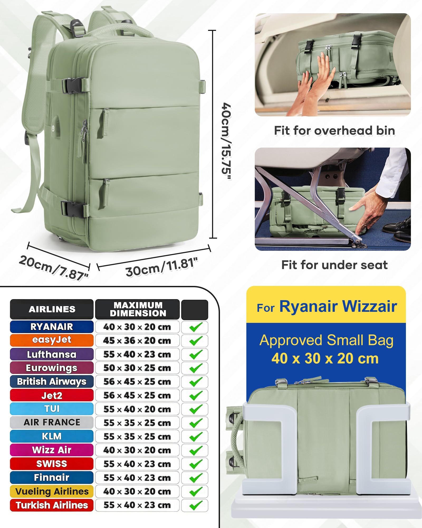 SZLX Zaino Sottovuoto da Cabina da Donna, Zaino con Airbag a Compressione con Bottone a Pressione, Zaino da Viaggio Sottovuoto Ryanair con Pompa, Valigia Sottovuoto Impermeabile da Uomo