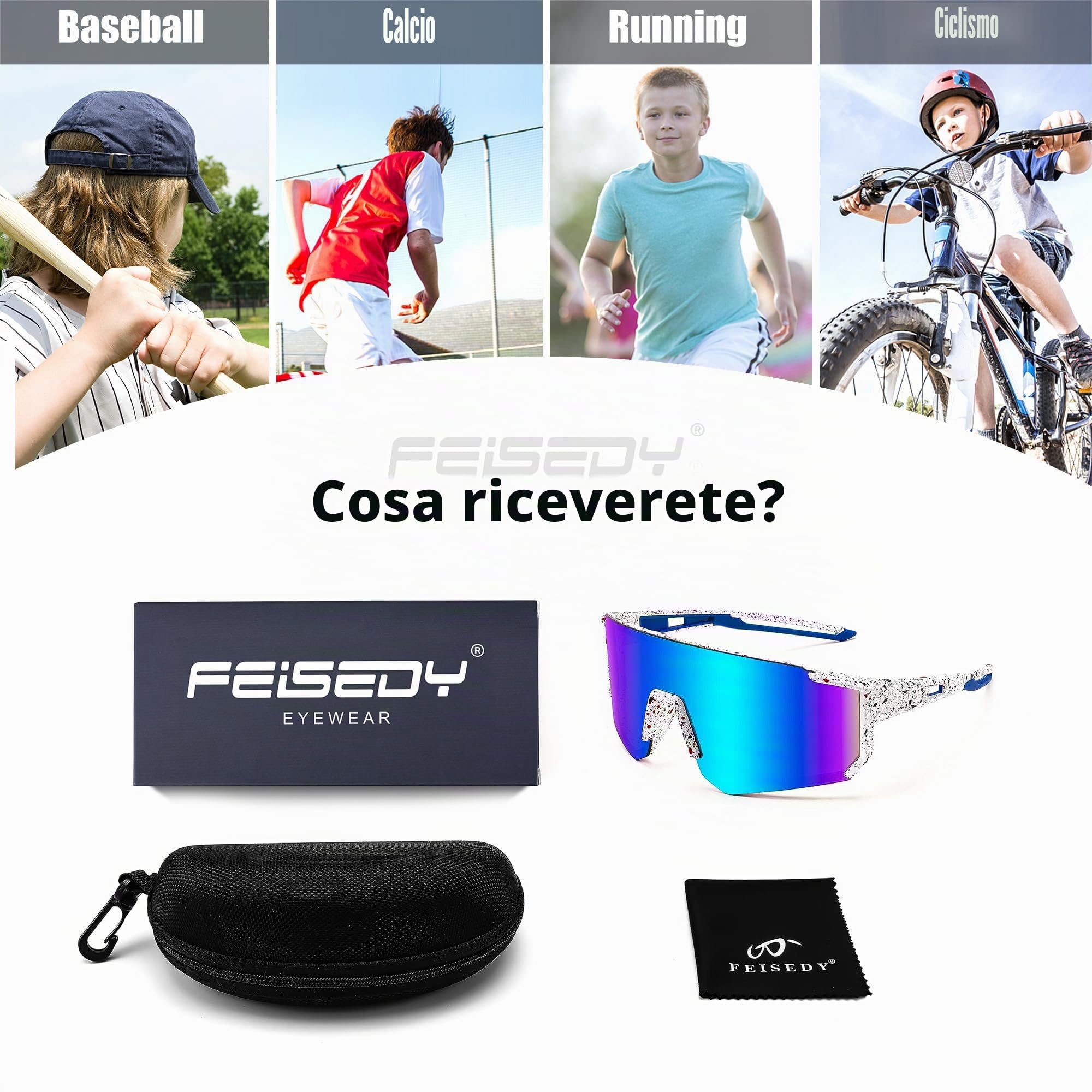 FEISEDY Occhiali da Ciclismo per Bambini, Protezione UV400, da Baseball, per Baseball, Tennis, Attività All'Aperto, Ragazzi e Ragazze, 8-16 Anni B0048
