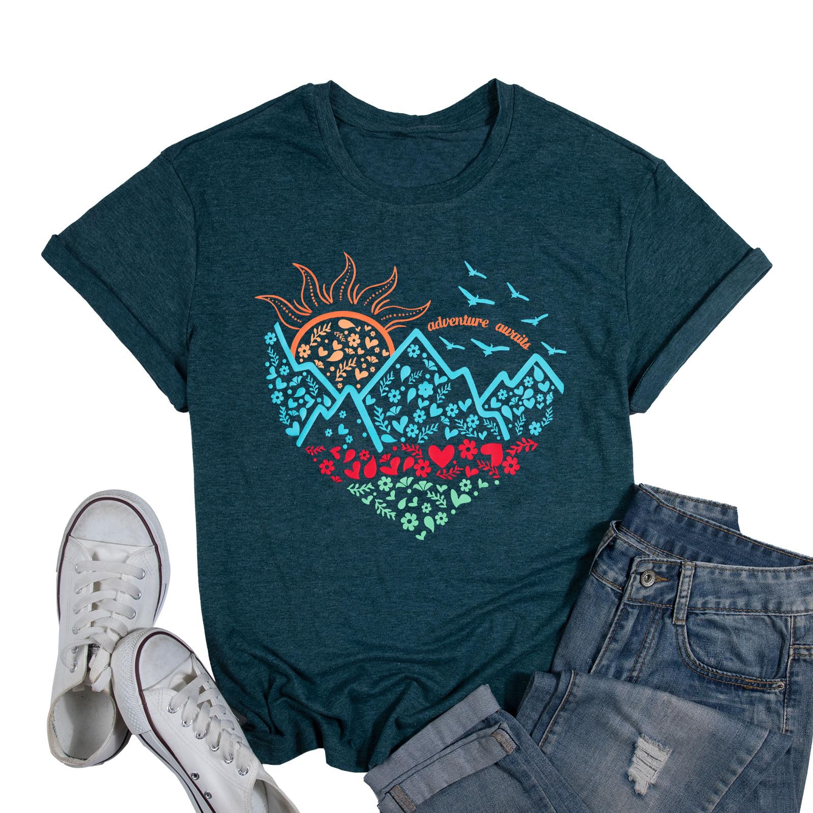 Adventure Awaits Shirt Women Mountains Heartbeat Shirt Nature Hiking Camping Tee Top