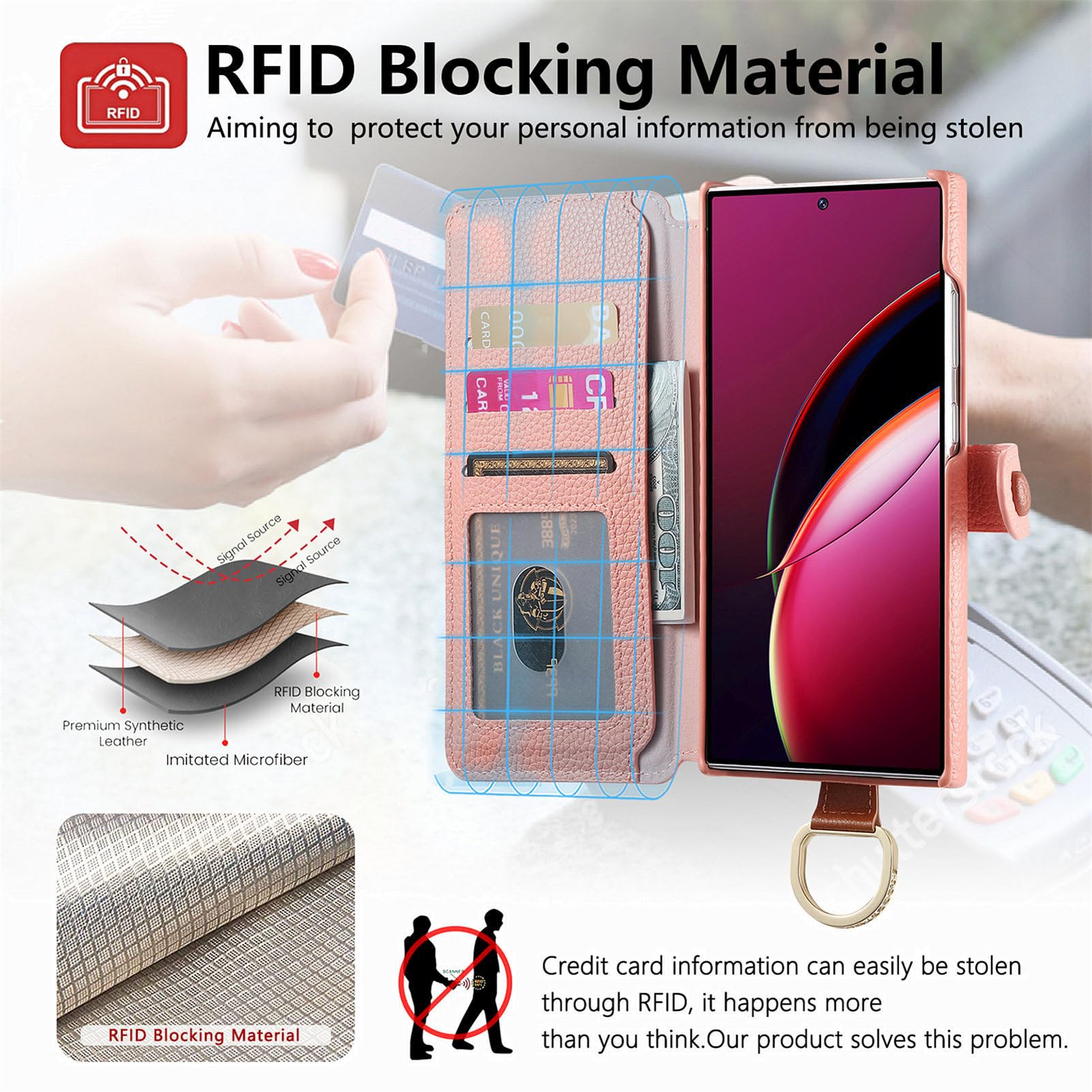 Etui z paskiem na nadgarstek do Samsung Galaxy S26 Ultra/S26+/S26, brokatowy portfel z fakturą liczi, etui z klapką i stojakiem ochrona RFID, niebieski, S26+