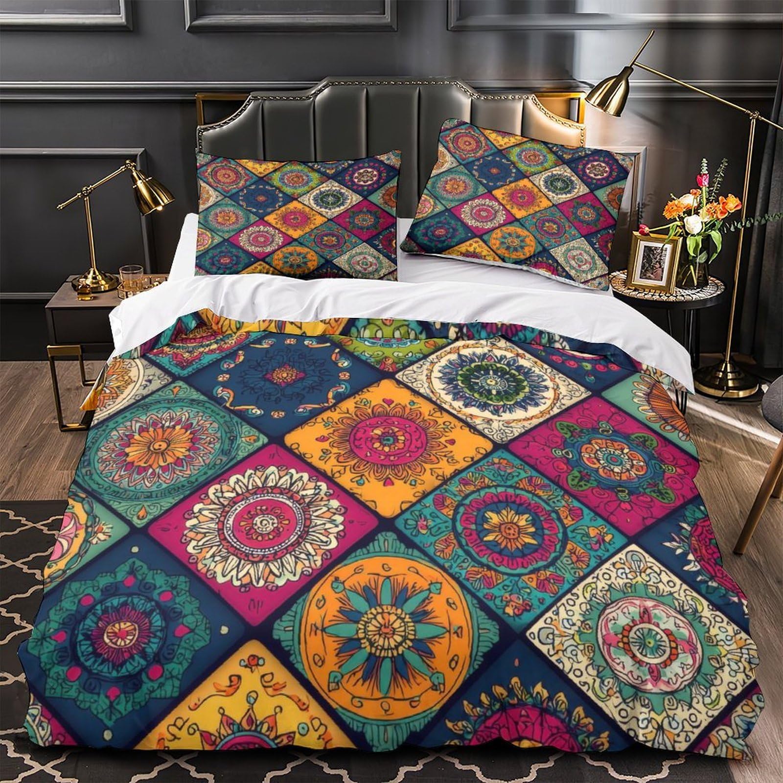 Housse de couette 135x200cm finition premium parure de lit microfibre haute densité mandala 3D