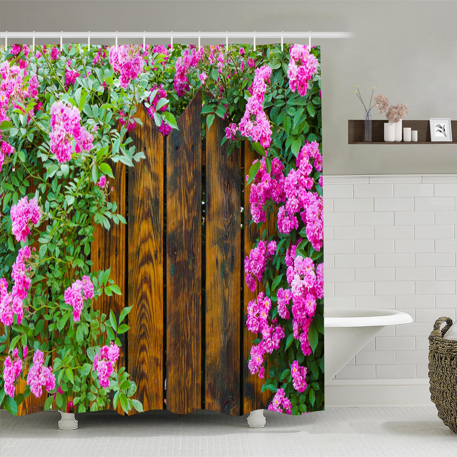 Simpomsy Color-7 3D Shower Curtain For Garden Scene Wood Fence Flowers, Garden Curtains Outdoor Nature Scenery Waterproof Cloth Fabric Bathroom Decor Set With Hooks 150X180cm