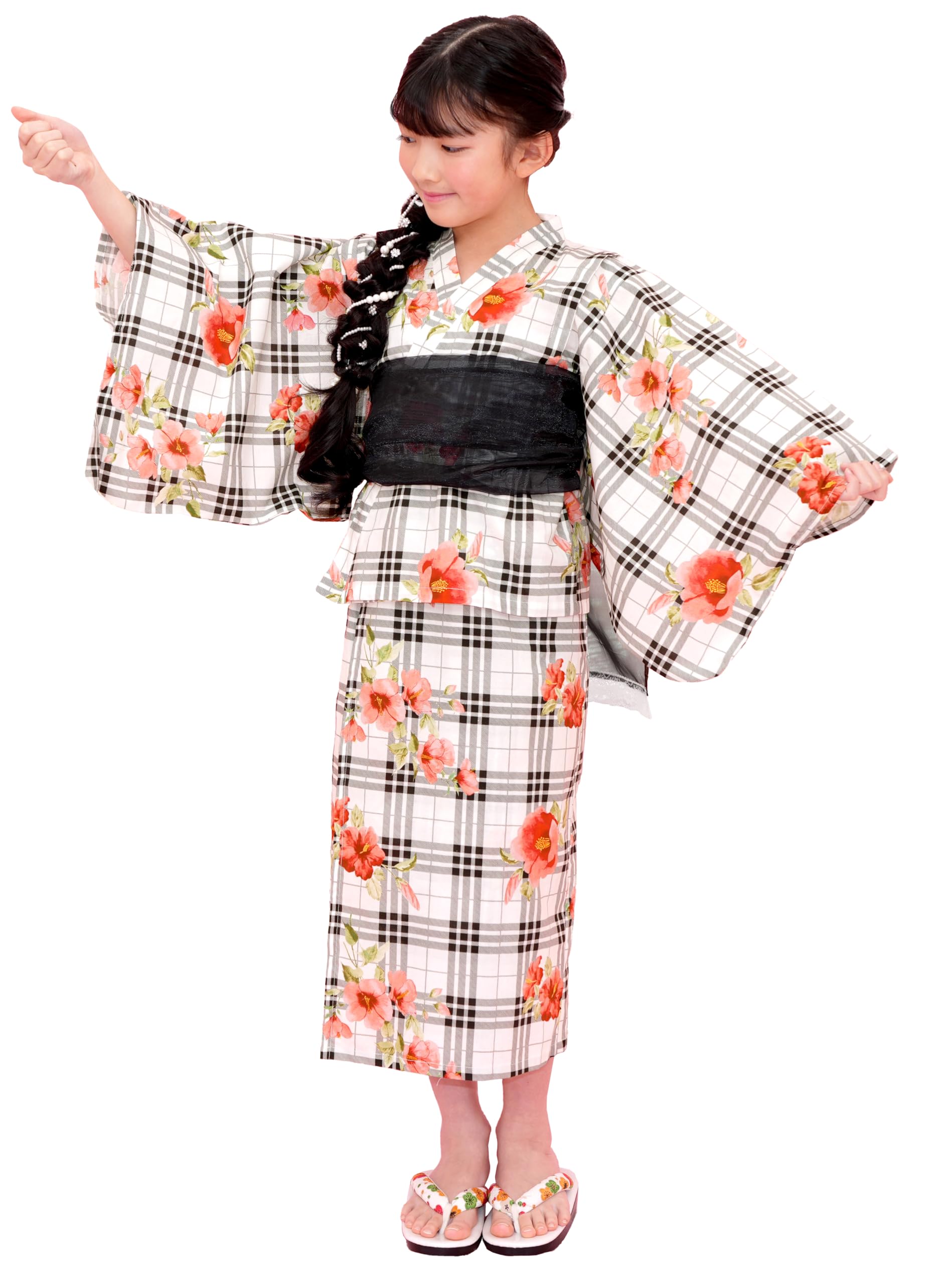 [Bee] ビー 簡単着付け ワンピースにもなる浴衣 3点セット 2WAY セパレート キッズ ガールズ 女の子 夏 saa01400 120cm タータンブラック×赤花