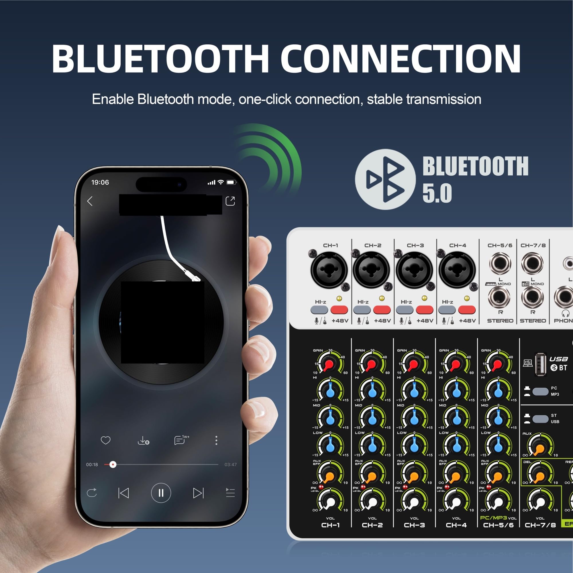 Kontroler DJ-ski, Mikser interfejsu, konsola DJ z zasilaniem Phantom Bluetooth 5.0 USB, efekty opóźnionego odtwarzania