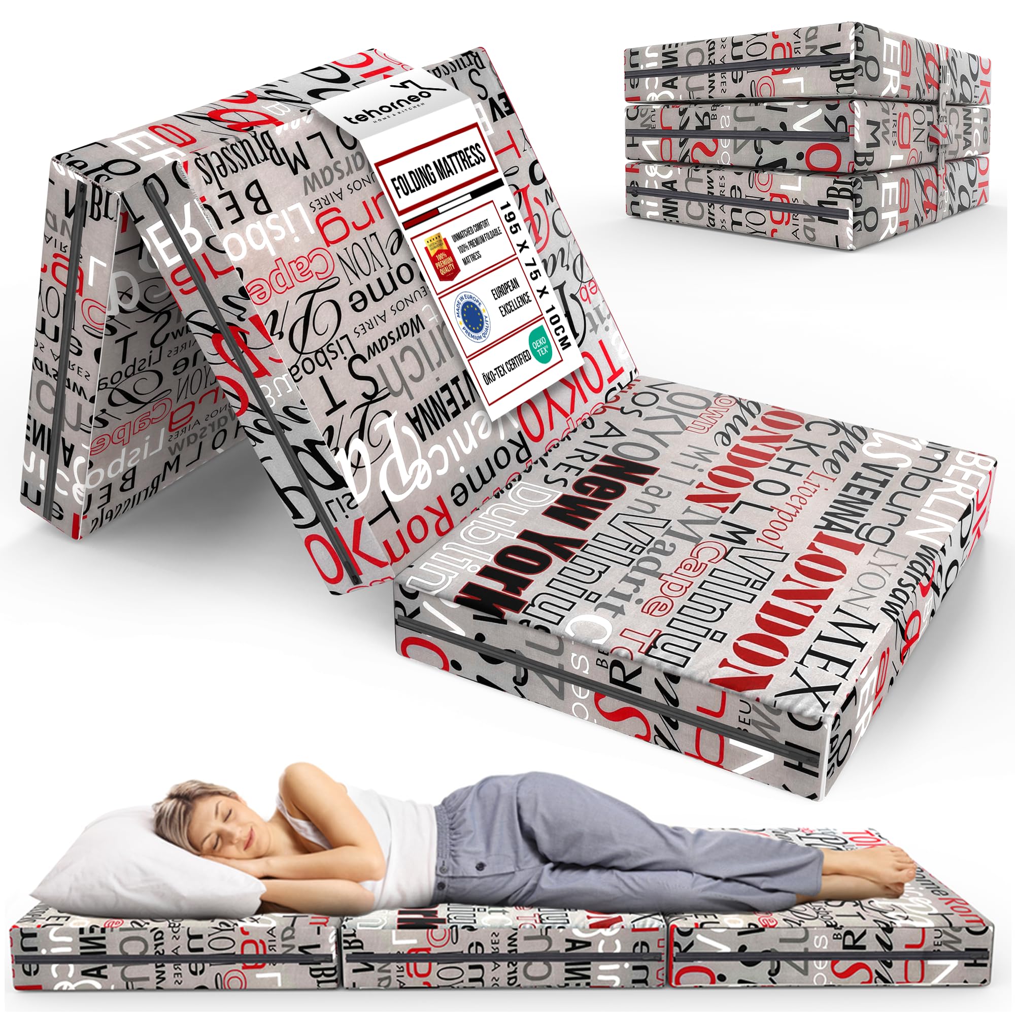 TEHORNEO Colchón Plegable, Colchon Plegable 195 x 75 x 10 cm para Invitados, Colchoneta Plegable, Futon Japones, Colchoneta, Futon, Colchon Plegable Suelo, Puff Cama, Apto para Lavadora